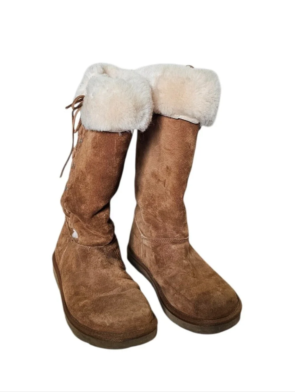 UGG Chestnut Suede Lace-Up Fur Cuff Mid-Calf Boots Size 8